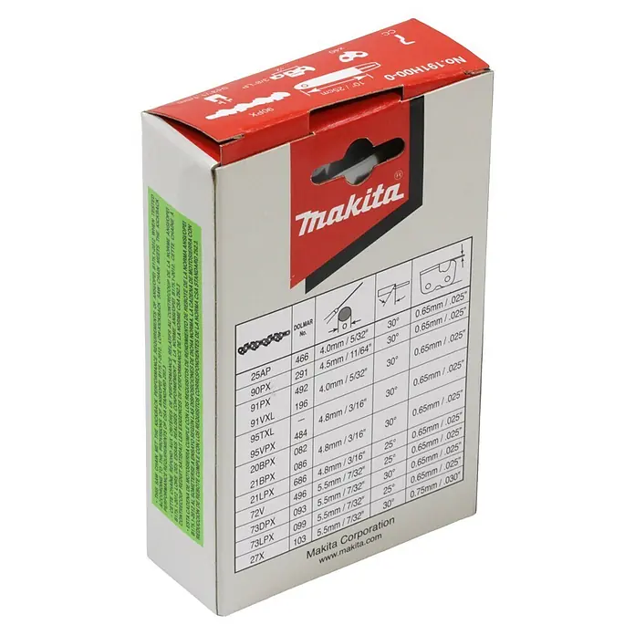Sägekette - Passend für: Kettensägen mit 25 cm Sägeschienen, 1,1 mm Schienennutbreite und 3/8"-Teilung - Makita Sägekette in rot-weißer Verpackung mit Kettenspezifikationen.
