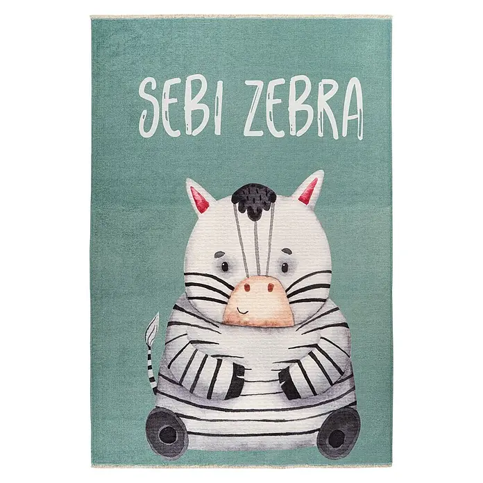 Kayoom Kinderteppich Joanna 624 - Multi, 170 x 115 cm, 70 % Baumwolle, 30 % Polyester - Grüner Teppich mit "SEBI ZEBRA"-Schriftzug und niedlicher Aquarell-Zeichnung eines Zebras.