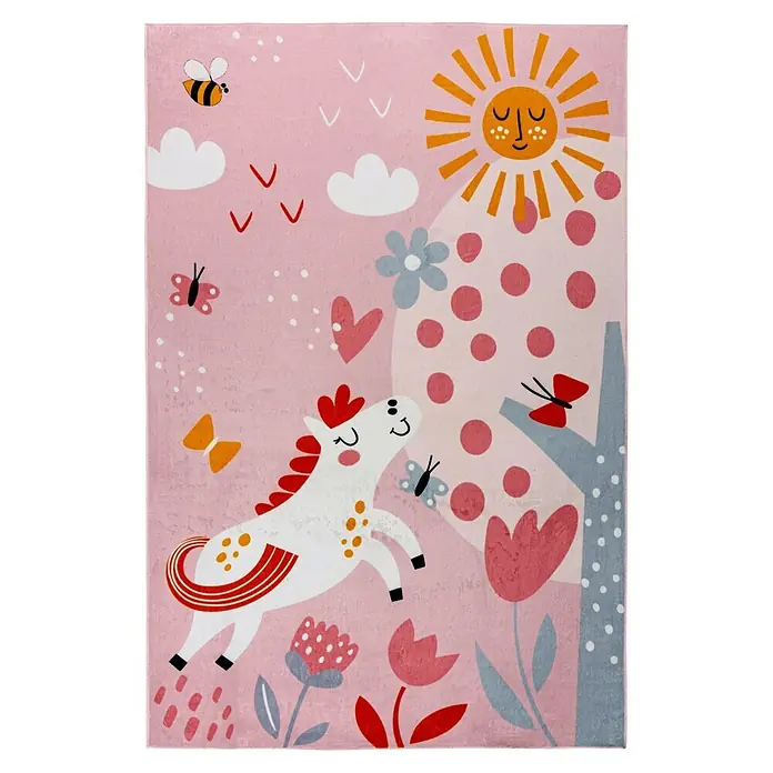 Kayoom Kinderteppich Wonder 126 - Rosa, 160 x 115 cm, 100 % Polyester - Spielvoller pinker Kinderteppich mit einem fantasievollen Design aus weißem Einhorn, fröhlicher Sonne, Wolken, Bienen, Schmetterlingen und Blumen.