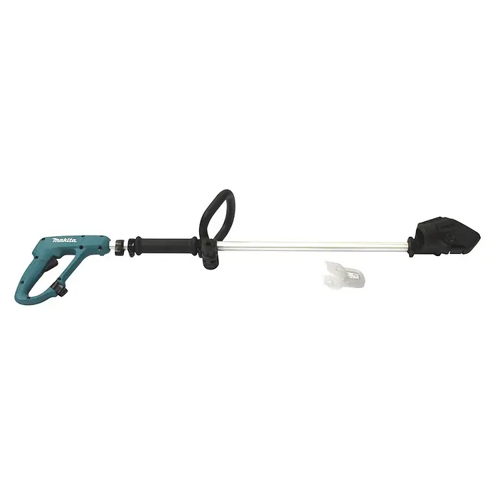 Griffverlängerung - Länge: 1.100 mm, Passend für: Akku-Astscheren DUP180, DUP181 und UP100D - Makita Akku-Rasentrimmer, zerlegt, mit türkisfarbenem Griff, silbernem Schaft, schwarzem Rundgriff und schwarzem Trimmerkopf, plus weißem Zubehör.