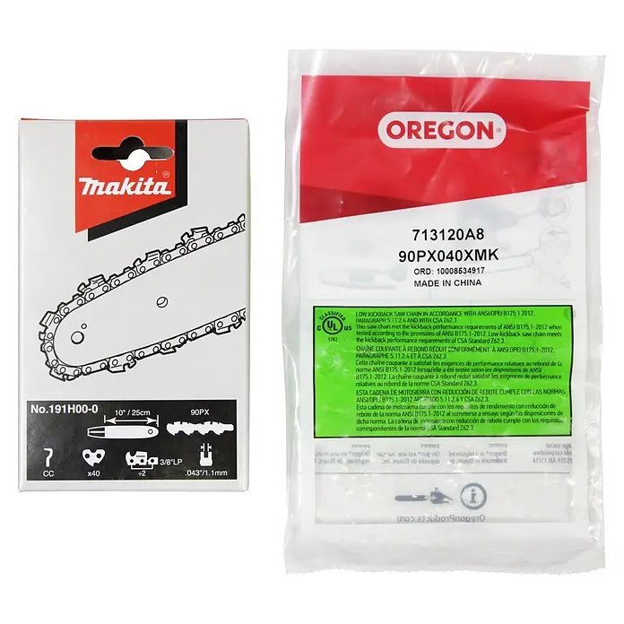 Sägekette - Passend für: Kettensägen mit 25 cm Sägeschienen, 1,1 mm Schienennutbreite und 3/8"-Teilung - Zwei Kettensägenketten-Verpackungen, eine rot-weiße Makita, die andere eine durchsichtige Oregon-Plastiktüte, beide mit Kettenspezifikationen.