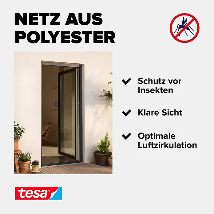 Tesa Insect Stop Insektenschutzgitter Premium - B x H: 120 x 250 cm, Anthrazit, Montage Insektengitter: Ankletten - Tesa Insektenschutztür aus Polyester, an Terrassentür installiert, bietet Insektenschutz, klare Sicht und optimale Luftzirkulation.