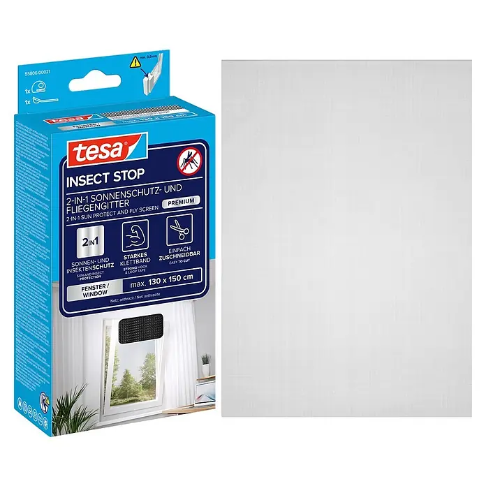 Tesa Sonnen-& Insektenschutz-Gitter - B x H: 130 x 150 cm, Montage Insektengitter: Ankletten - Tesa Insect Stop 2-in-1 Sonnen- und Fliegengitter (max. 130x150cm) in Verpackung mit weißem Gittermuster.