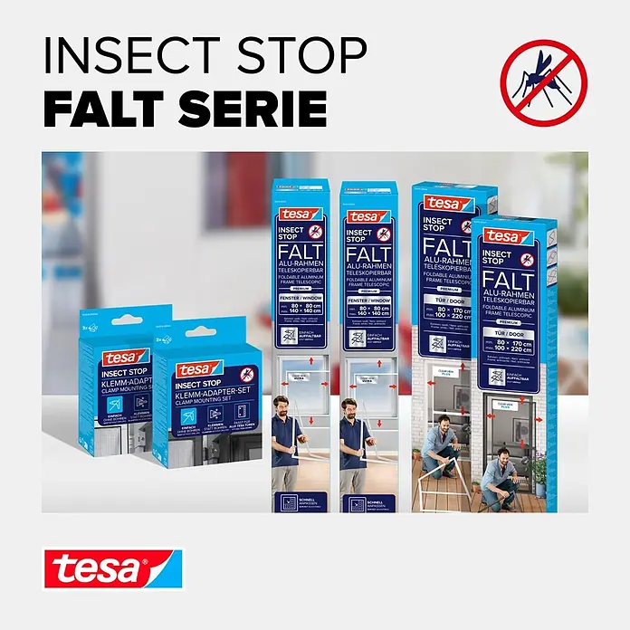 Tesa Insect Stop Insektenschutzfenster FALT für Fenster - Weiß, Montage Insektengitter: Klemmen - Tesa Insect Stop FALT faltbare Aluminium-Insektenschutzgitter für Fenster und Türen, mit Klemmadapter-Sets und Installation.