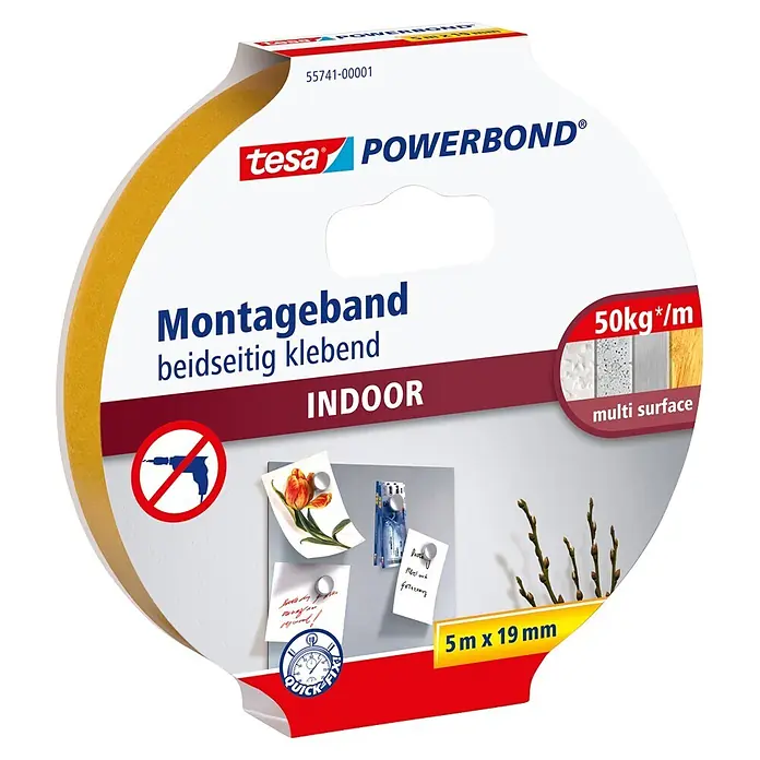 Tesa Powerbond Montageband Indoor - 5 m x 19 mm - Tesa Powerbond doppelseitiges Montageband in weiß-roter Verpackung, zeigt gelbe Klebebandrolle. Für innen, multi surface, 50kg/m, 5m x 19mm.
