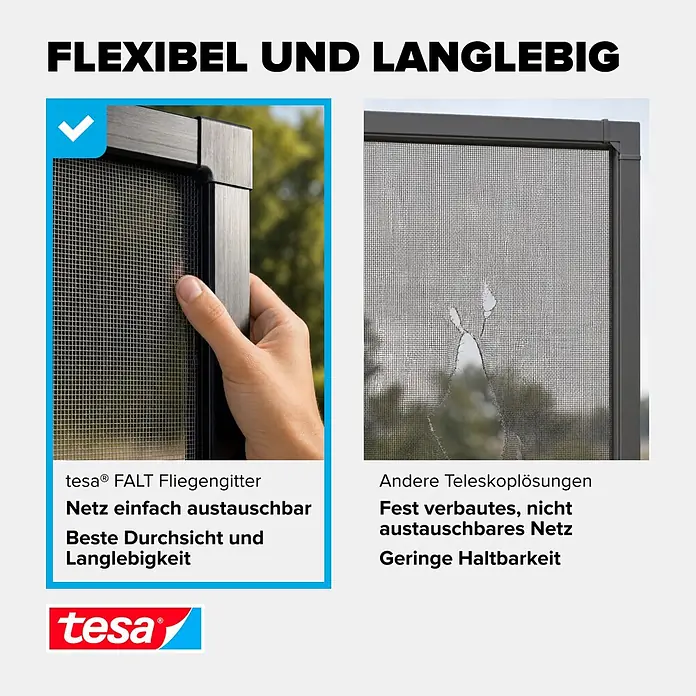 Tesa Insektenschutzfenster FALT für Fenster - Anthrazit, Montage Insektengitter: Klemmen - Vergleich von Fliegengittern. Tesa-Gitter (links) hat ein langlebiges, austauschbares Netz. Andere Lösungen (rechts) zeigen ein gerissenes, festes Netz, geringe Haltbarkeit.