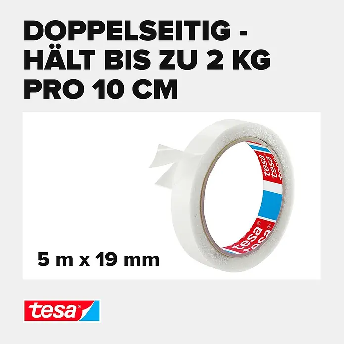 Tesa Powerbond Montageband Transparent - 5 m x 19 mm, Beidseitig selbstklebend - Eine Rolle weißes tesa doppelseitiges Klebeband, 5m x 19mm, hält bis zu 2 kg pro 10 cm.