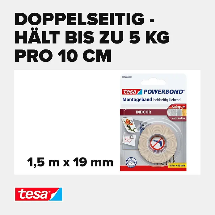 Tesa Powerbond Montageband Indoor - 1,5 m x 19 mm - tesa Powerbond doppelseitiges Montageband, 1,5m x 19mm, 5kg/10cm Haltekraft, in rot-weißer Verkaufsverpackung.