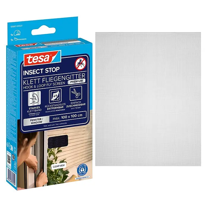 Tesa Insect Stop Insektenschutzgitter Premium - B x H: 100 x 100 cm, Anthrazit, Montage Insektengitter: Ankletten - Weißes tesa Insect Stop Klett-Fliegengitter und seine blaue Produktverpackung.