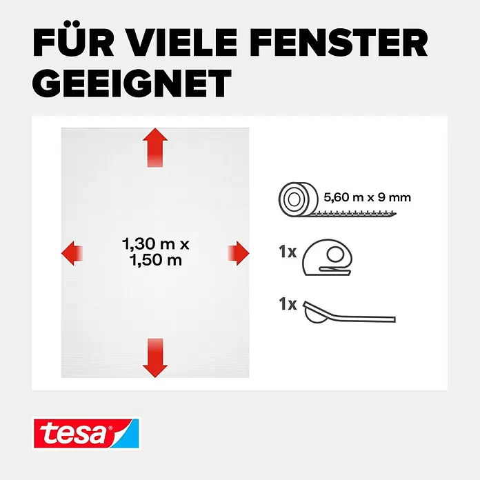 Tesa Insect Stop Insektenschutzgitter Premium - B x H: 130 x 150 cm, Weiß, Montage Insektengitter: Ankletten - Weißes Fliegengitter für Fenster (1,30 x 1,50 m) mit Klebeband (5,60 m x 9 mm), Profil und Montagewerkzeug.