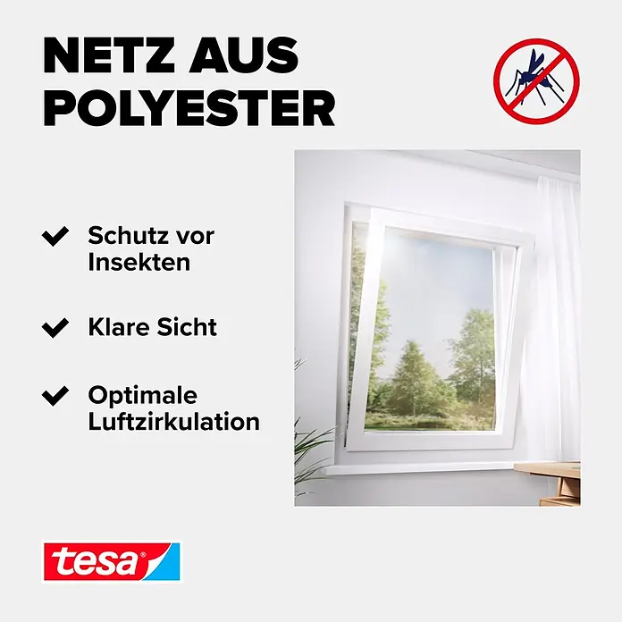 Tesa Sonnen-& Insektenschutz-Gitter - B x H: 130 x 150 cm, Montage Insektengitter: Ankletten - Weißes Fenster mit Insektenschutzgitter aus Polyester, das Insektenschutz, klare Sicht und optimale Luftzirkulation bietet.