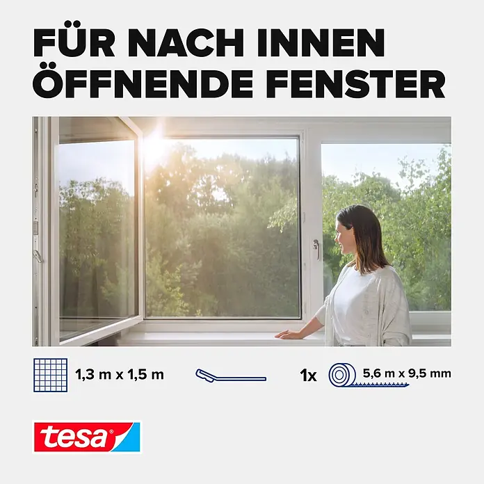Tesa Insect Stop Pollenschutzgitter Pollen Protection - B x H: 130 x 150 cm, Montage Insektengitter: Ankletten - tesa Insektenschutzgitter-Set für nach innen öffnende Fenster, mit Netz (1,3x1,5m), Klebeband (5,6m x 9,5mm) und Montagewerkzeug.
