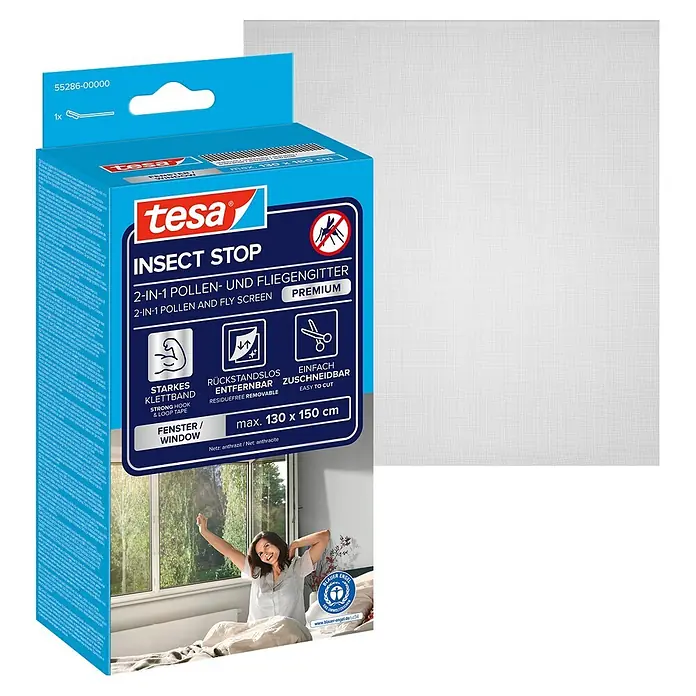 Tesa Insect Stop Pollenschutzgitter Pollen Protection - B x H: 130 x 150 cm, Montage Insektengitter: Ankletten - Tesa 2-in-1 Pollen- und Fliegengitter in Packung mit weißem Netz, max. 130x150cm.