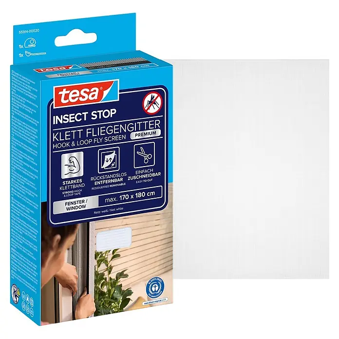 Tesa Insect Stop Insektenschutzgitter Premium - B x H: 170 x 180 cm, Weiß, Montage Insektengitter: Ankletten - Tesa Insektenschutz-Fliegengitter, weißes Netz mit Klettband, max. 170x180cm, mit Verpackung.