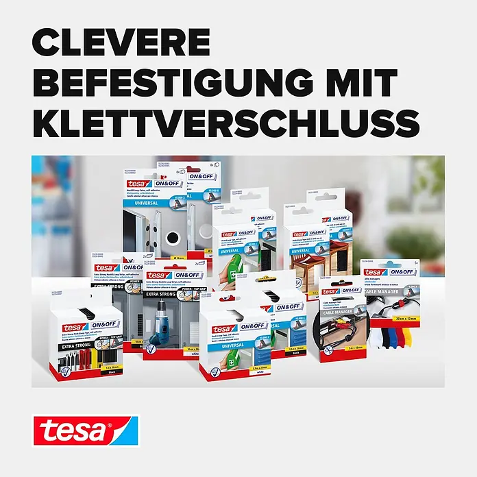 Tesa ON & OFF Klettband - 20 mm x 1 m, Schwarz - Vielfalt an tesa ON&OFF selbstklebenden Klettverschluss-Produkten, wie Münzen, Bänder, Streifen und Kabelmanagern.