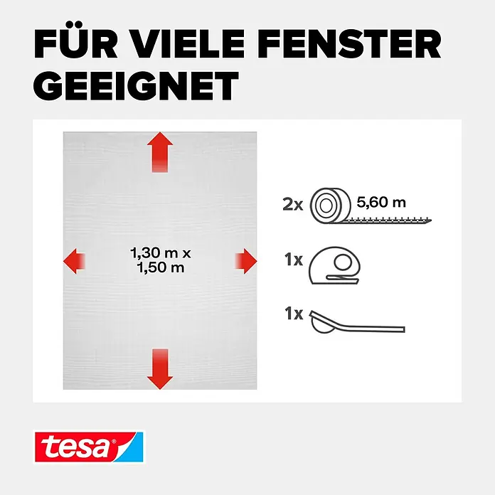 Tesa Insect Stop Insektenschutzgitter für Fenster zum Öffnen und Schließen - B x H: 130 x 150 cm, Montage Insektengitter: Ankletten - Weißes Tesa Insektenschutzgitter für Fenster, 1,30 x 1,50 m, mit 2 Rollen 5,60 m Klebeband, Cutter und Andrückhilfe.