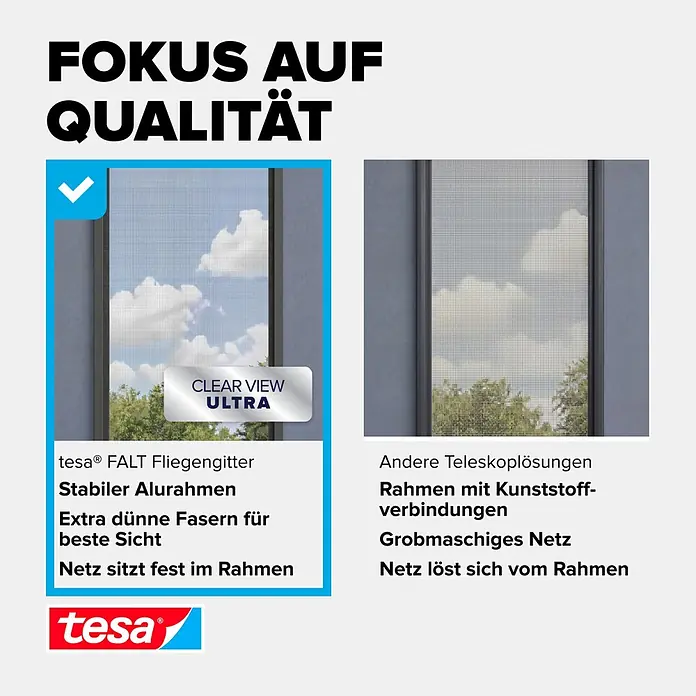 Tesa Insektenschutzfenster FALT für Fenster - Anthrazit, Montage Insektengitter: Klemmen - tesa FALT Fliegengitter mit stabilem Alurahmen und ultradünnem Netz für beste Sicht, fest im Fenster montiert.