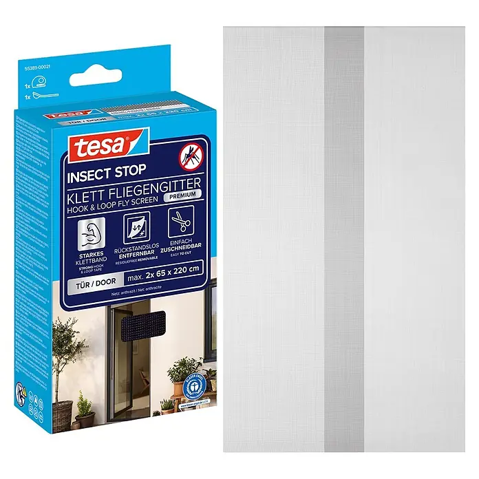 Tesa Insect Stop Insektenschutzgitter Premium - B x H: 130 x 220 cm, Anthrazit, Montage Insektengitter: Ankletten - Tesa Insect Stop Klett-Fliegengitter für Türen, 2x 65x220cm, anthrazit. Zuschneidbar, rückstandslos entfernbar.