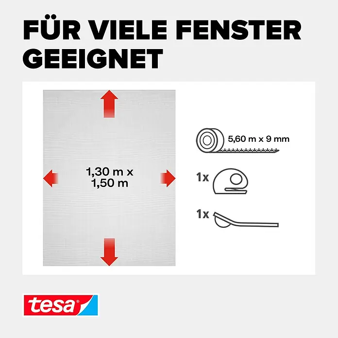 Tesa Insect Stop Insektenschutzgitter Premium - B x H: 130 x 150 cm, Anthrazit, Montage Insektengitter: Ankletten - Tesa Fliegengitter-Set mit 1,30m x 1,50m Netz, 5,60m Klebeband und Montagewerkzeugen.