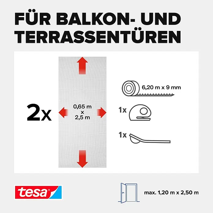 Tesa Insect Stop Insektenschutzgitter Premium - B x H: 120 x 250 cm, Anthrazit, Montage Insektengitter: Ankletten - Fliegengitter-Set für Balkon- und Terrassentüren: 2x weißes Netz (0,65x2,5m), 6,20m x 9mm Klebeband und 2 Montagewerkzeuge. Für Türen bis 1,20x2,50m.