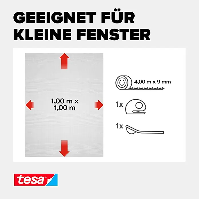 Tesa Insect Stop Insektenschutzgitter Premium - B x H: 100 x 100 cm, Anthrazit, Montage Insektengitter: Ankletten - Tesa Fliegengitter-Set für kleine Fenster, bestehend aus 1x1m weißem Netz, 4mx9mm Klebeband und Werkzeugen.