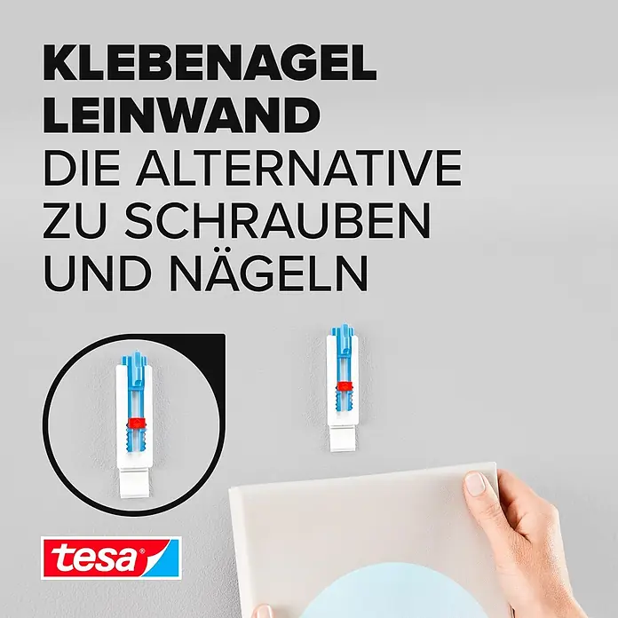 Tesa Klebenagel - Geeignet für: Leinwände, Belastbarkeit: 1 kg, 2 Stk., Blau - Weißer und blauer tesa Klebenagel für Leinwände, eine Alternative zu Schrauben und Nägeln zum Aufhängen von Bildern.