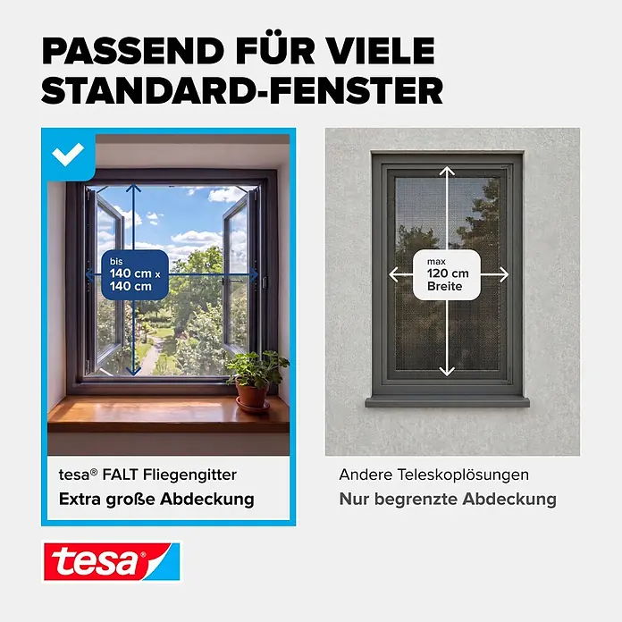 Tesa Insektenschutzfenster FALT für Fenster - Anthrazit, Montage Insektengitter: Klemmen - tesa® FALT Fliegengitter mit extra großer Abdeckung für Fenster bis 140x140 cm, im Vergleich zu anderen begrenzten Lösungen.