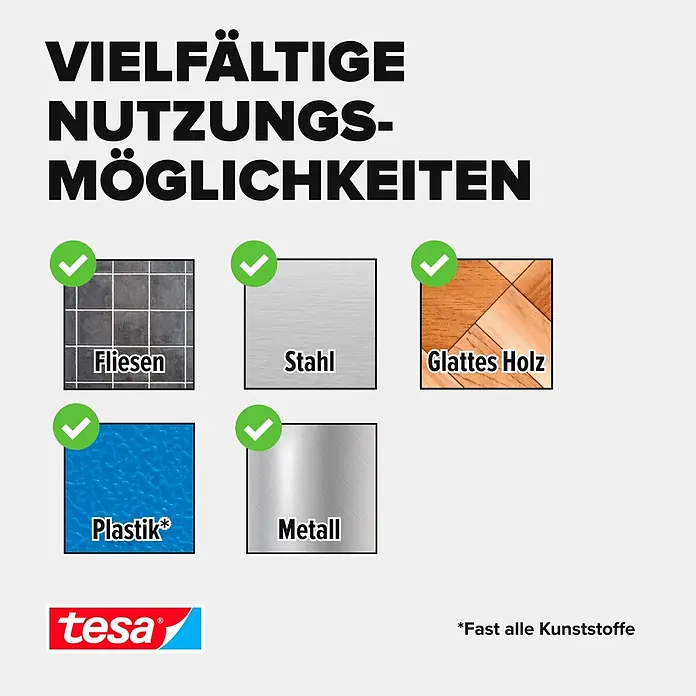 Tesa ON & OFF Klettband - 20 mm x 1 m, Weiß - Vielseitigkeit eines Tesa-Produkts, zeigt Haftung auf Fliesen, Stahl, glattem Holz, Plastik und Metall.