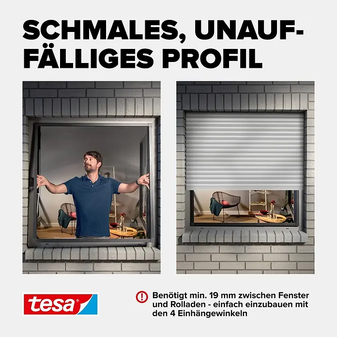 Tesa Insektenschutzfenster FALT für Fenster - Anthrazit, Montage Insektengitter: Klemmen - Tesa Insektenschutzgitter mit schmalem, unauffälligem Profil, im Fenster installiert, gezeigt bei Montage und mit Rollladen.