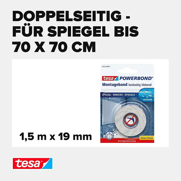 Tesa Powerbond Montageband Spiegel - 1,5 m x 19 mm - tesa POWERBOND Montageband, 1,5m x 19mm, für Spiegel bis 70x70cm. Feuchtigkeitsbeständig, bohrfrei.
