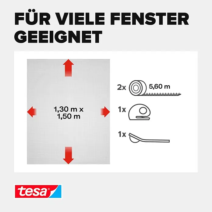 Tesa Sonnen-& Insektenschutz-Gitter - B x H: 130 x 150 cm, Montage Insektengitter: Ankletten - Weißes Fliegengitter-Fenster-Set (1,30x1,50m) mit 2x 5,6m Klebeband, Bürste und Schneider für viele Fenster.