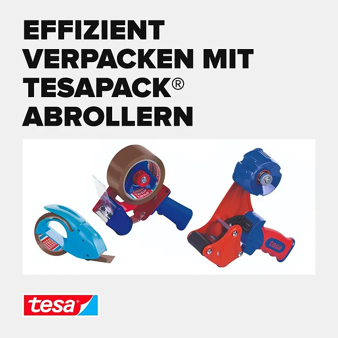 Tesa Pack Handabroller Classic - Geeignet für: Paketklebebänder bis 50 mm Breite - Drei tesa Klebebandabroller in Blau, Rot und braunem Klebeband, für effizientes Verpacken.