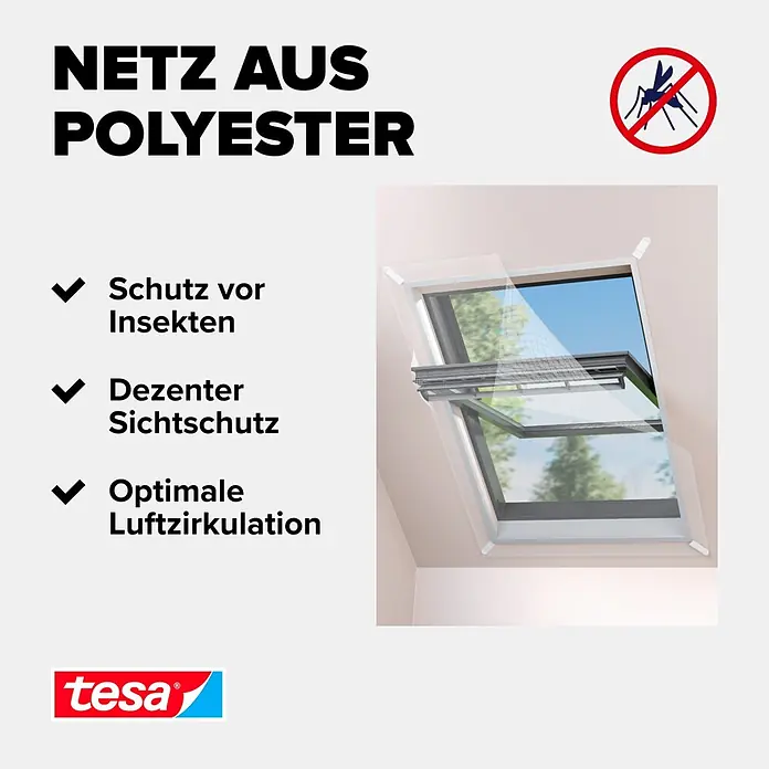Tesa Insektenschutz-Dachfenster - B x H: 120 x 140 cm, Montage Insektengitter: Kleben - Tesa Insektenschutznetz aus Polyester an einem Dachfenster, bietet Insektenschutz und dezenten Sichtschutz.