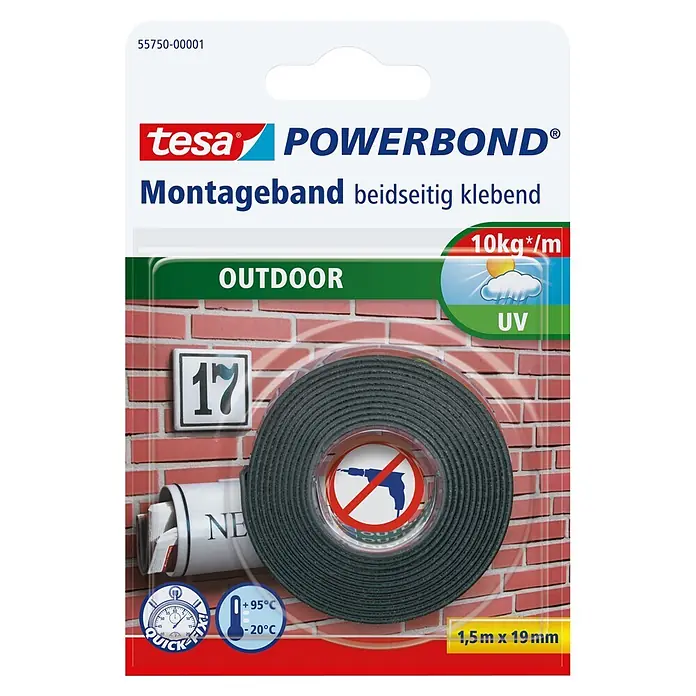 Tesa Powerbond Montageband Outdoor - L x B: 1,5 m x 19 mm, Wasserbeständig - tesa POWERBOND Outdoor Montageband, grau, 1,5m x 19mm, doppelseitig, kein Bohren, UV- und temperaturbeständig, hält 10kg/m.
