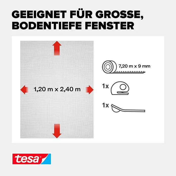 Tesa Insect Stop Insektenschutzfenster Premium - B x H: 120 x 240 cm, Weiß, Montage Insektengitter: Ankletten - Weißes Fliegengitter (1,20x2,40m) für Fenster mit Klebeband (7,20mx9mm), Andruckrolle und Cutter.
