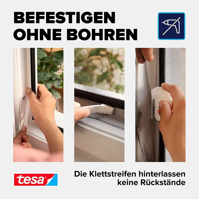 Tesa Insect Stop Insektenschutzgitter Premium - B x H: 130 x 150 cm, Anthrazit, Montage Insektengitter: Ankletten - Tesa Klettstreifen befestigen ein Moskitonetz am Fenster, zeigen bohrfreie Montage und rückstandslose Entfernung.