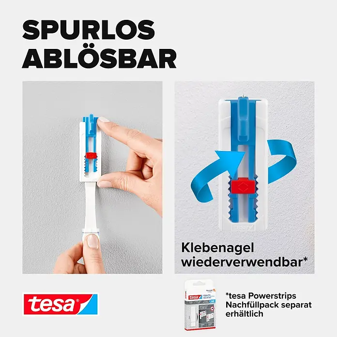 Tesa Klebenagel - Geeignet für: Leinwände, Belastbarkeit: 1 kg, 2 Stk., Blau - Weißer tesa Klebenagel mit blauen und roten Komponenten, bei Anwendung gezeigt, hervorhebend spurlos ablösbar und wiederverwendbar.
