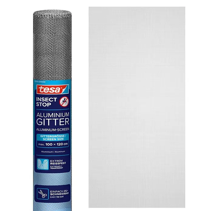 Tesa Insect Stop Insektenschutzgitter Ersatzrolle - B x H: 1 x 1,2 m - Aufgerolltes tesa Aluminium-Insektenschutzgitter und flaches Gitterstück.