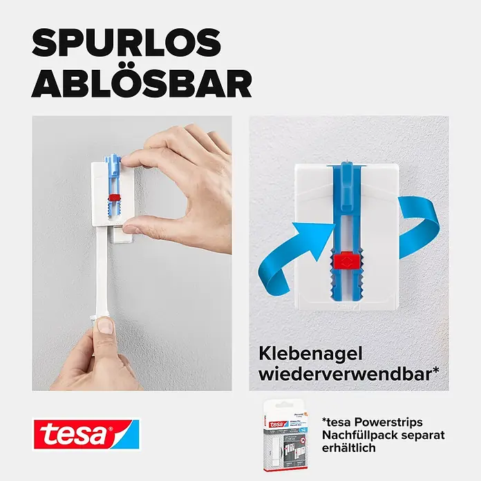 Tesa Klebenagel - Geeignet für: Leinwände, Belastbarkeit: 2 kg, 2 Stk., Blau - Weißer tesa Klebenagel wird von der Wand entfernt, betont seine spurlos Ablösbarkeit und Wiederverwendbarkeit. Nachfüllpackung gezeigt.