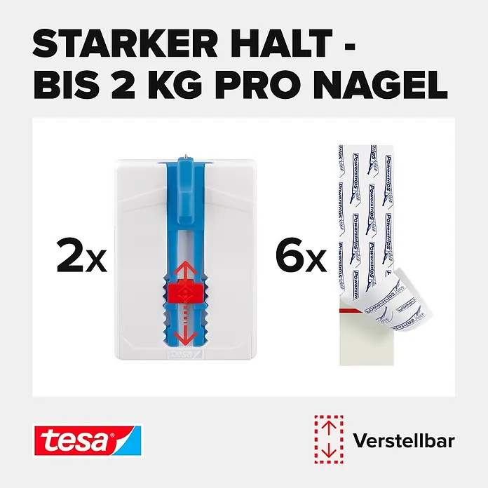 Tesa Klebenagel - Geeignet für: Leinwände, Belastbarkeit: 2 kg, 2 Stk., Blau - Zwei verstellbare Tesa Klebenägel (bis 2 kg pro Nagel) und 6 Tesa Powerstrips.