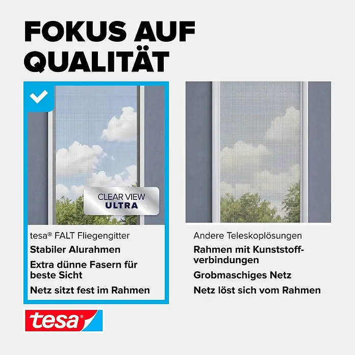 Tesa Insect Stop Insektenschutzfenster FALT für Fenster - Weiß, Montage Insektengitter: Klemmen - Tesa Fliegengitter mit stabilem Alurahmen und feinem Netz für klare Sicht, im Vergleich zu einer grobmaschigen Alternative.