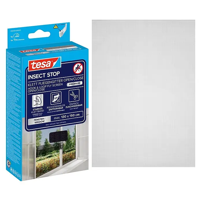 Tesa Insect Stop Insektenschutzgitter für Fenster zum Öffnen und Schließen - B x H: 130 x 150 cm, Montage Insektengitter: Ankletten - tesa INSECT STOP Klett-Fliegengitter, weißes Netz mit blauer Verpackung, max. 130x150 cm, einfach anzubringen und entfernbar.