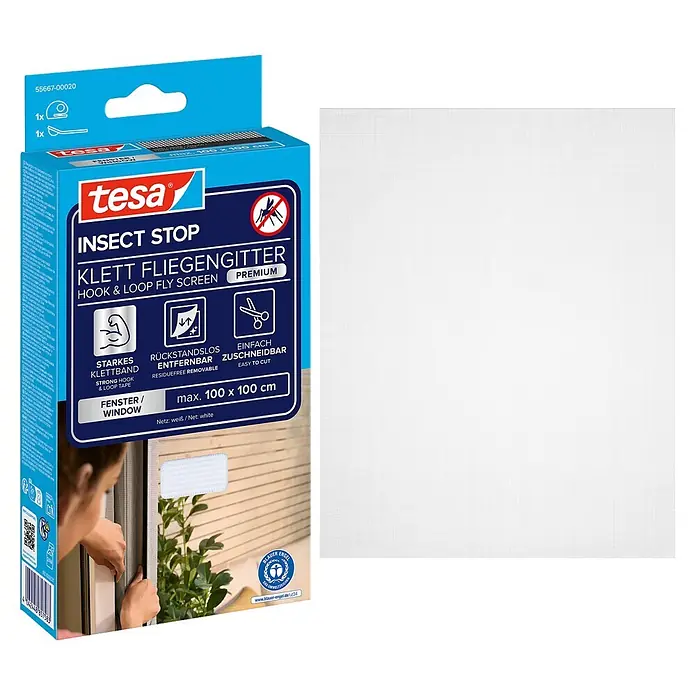 Tesa Insect Stop Insektenschutzgitter Premium - B x H: 100 x 100 cm, Weiß, Montage Insektengitter: Ankletten - Tesa Insect Stop Klett Fliegengitter: weißes Netz neben blauer Verpackung, max. 100x100 cm, für Fenster.