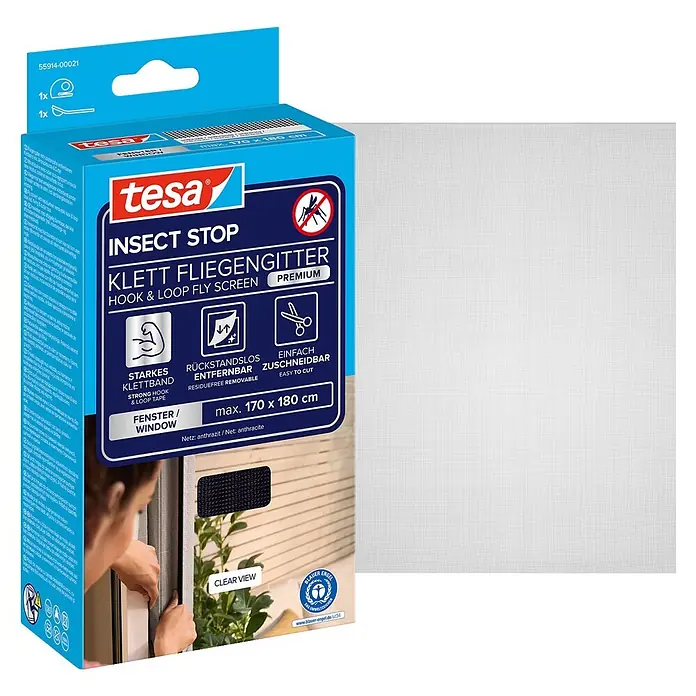 Tesa Insect Stop Insektenschutzgitter Premium - B x H: 170 x 180 cm, Anthrazit, Montage Insektengitter: Ankletten - Tesa Insect Stop Klett-Fliegengitter-Set mit anthrazitfarbenem Netz, auf der Verpackung und beim Anbringen am Fenster gezeigt. Max. 170x180 cm.