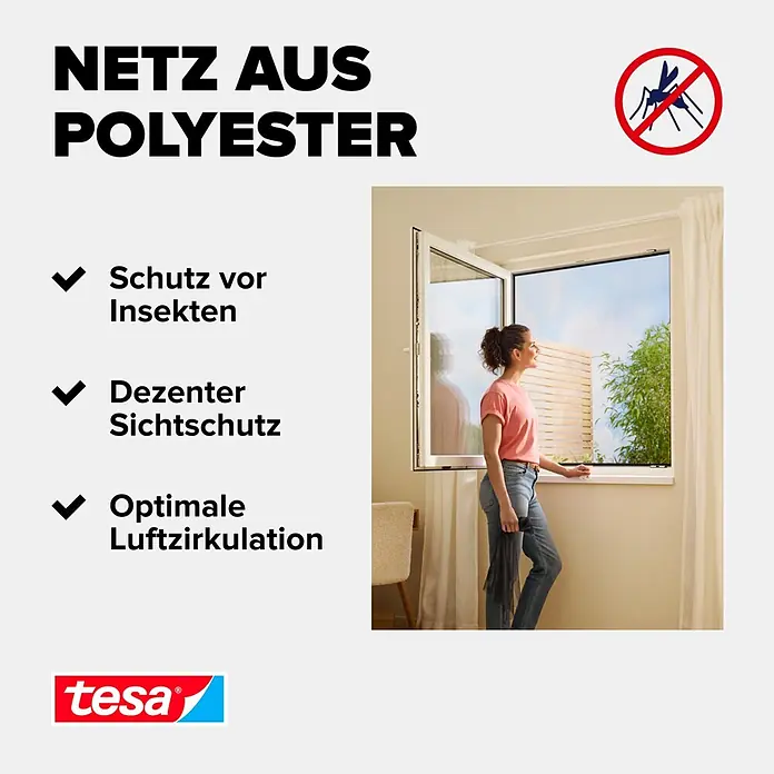 Tesa Insect Stop Insektenschutzgitter Premium - B x H: 130 x 150 cm, Weiß, Montage Insektengitter: Ankletten - Polyester-Insektenschutznetz im Fenster, bietet Schutz vor Insekten, Sichtschutz und Luftzirkulation.