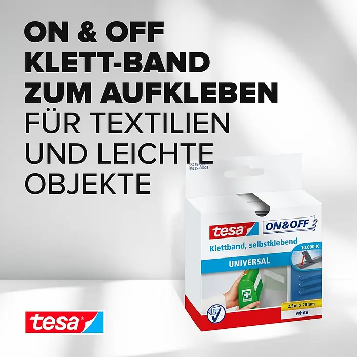 Tesa ON & OFF Klettband - 20 mm x 2,5 m, Weiß - Tesa ON&OFF selbstklebendes Klettband (weiß, 2,5m x 20mm) für Textilien und leichte Objekte.