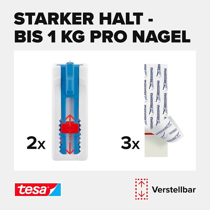 Tesa Klebenagel - Geeignet für: Leinwände, Belastbarkeit: 1 kg, 2 Stk., Blau - Tesa verstellbares Klebenagel-System mit Powerstrips und Anbringungshilfe, hält bis zu 1 kg pro Nagel.