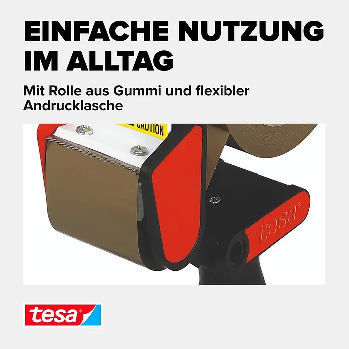 Tesa Pack Handabroller Classic - Geeignet für: Paketklebebänder bis 50 mm Breite - Schwarzer und roter Tesa Abroller mit brauner Klebebandrolle, Gummirad und flexibler Andrucklasche.