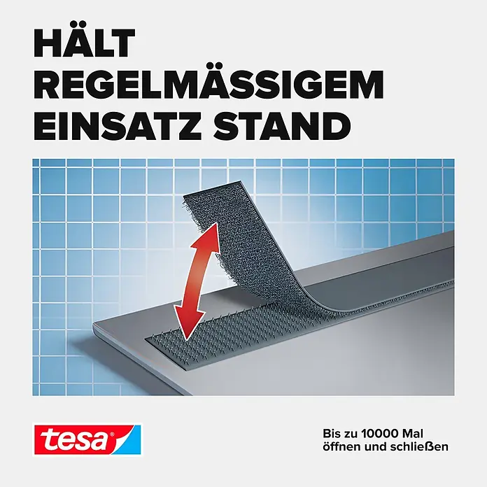 Tesa ON & OFF Klettband - 20 mm x 1 m, Schwarz - Strapazierfähiger Tesa Klettverschluss, der bis zu 10.000 Öffnungs- und Schließvorgängen standhält.