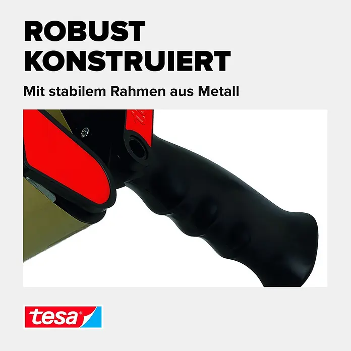 Tesa Pack Handabroller Classic - Geeignet für: Paketklebebänder bis 50 mm Breite - Nahaufnahme des robusten schwarzen Griffs und roten Mechanismus eines Abrollers, mit stabilem Metallrahmen und braunem Klebeband.